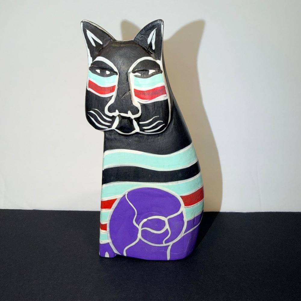 Vintage Laurel Burch Hand Painted Wooden Cat Figurine Folk Art Striped Statue 6"